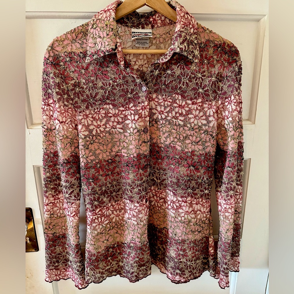 whimsy grunge button down top floral lace mesh flare bell sleeves